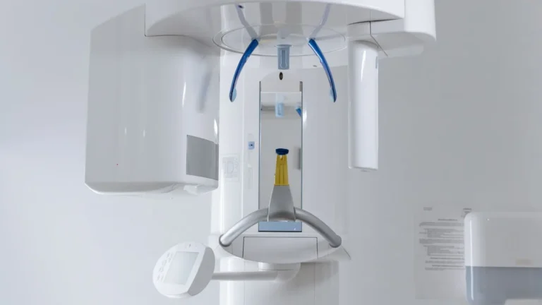 Close-up of modern dental x-ray machine in a clinic setting.