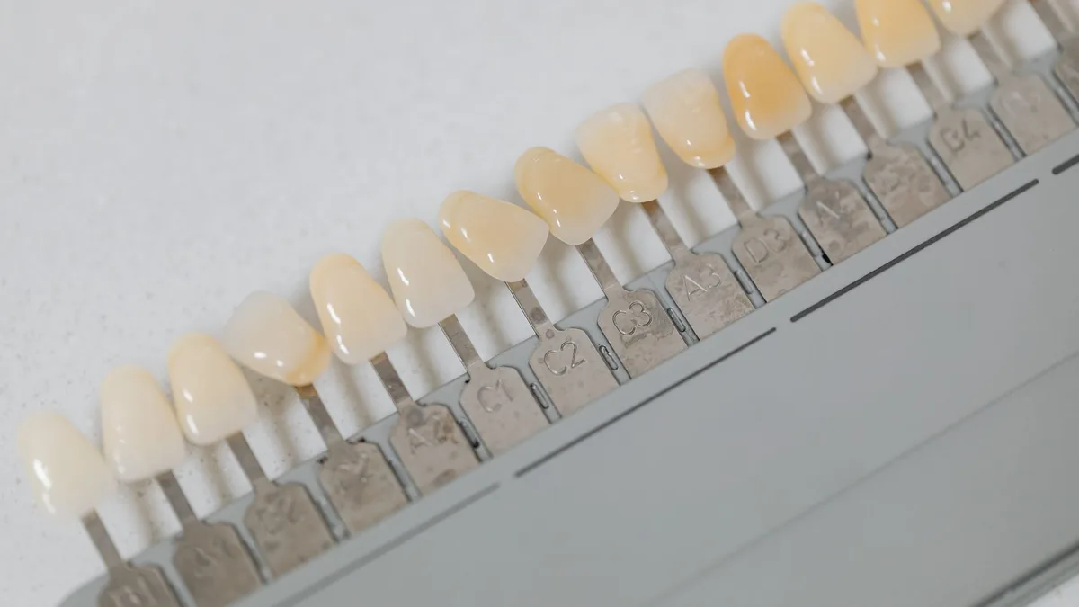 Close-up of a dental shade guide used for tooth color matching in dentistry.