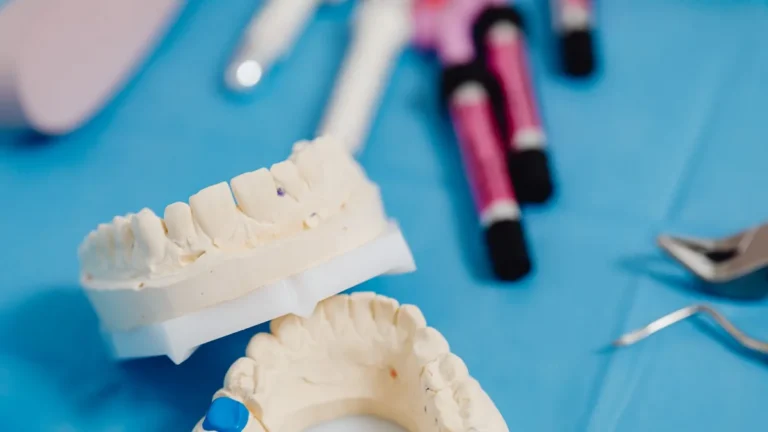 Dental jaw model with dental tools on a blue cloth for dental education and practice.